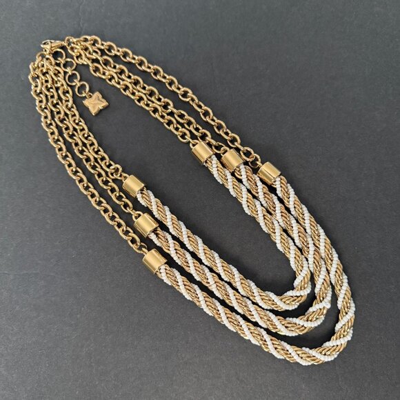 BCBG Max Azria Gold White 3 Strand Rope Chain Necklace Heavy Vintage-Inspired - Picture 3 of 13